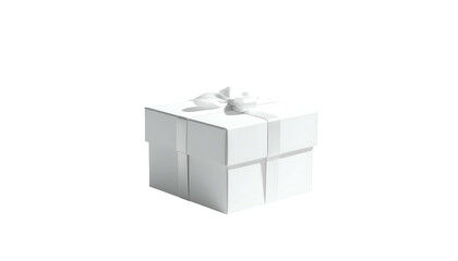 A square white gift box with a bow on top, isolated on black, simple design