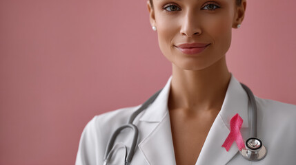 Woman doctor stethoscope pink ribbon breast cancer awareness healthcare professional smiling confident