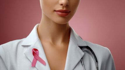 Woman doctor pink ribbon stethoscope white coat breast cancer awareness healthcare professional confident smile