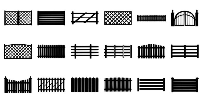 Row of Fence and Gate Silhouettes in Vector Illustration