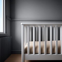 White baby crib soft beige mattress modern nursery natural light peaceful atmosphere minimalist style wooden floor gray wall
