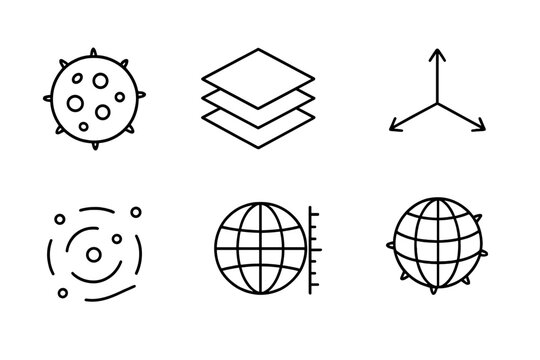 Microscopic Botanical Symbols. Line style icons of microscopic botanical measurement: pollen cell, layered grid, spatial axis,