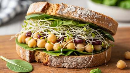 Delicious sandwich with chickpeas, sprouts, and spinach on wooden board  