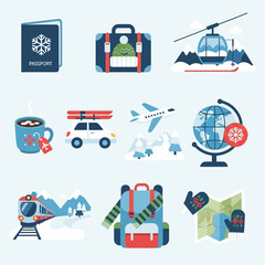 Collection of travel and transportation icons featuring various modes of travel and global