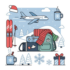 Holiday Travel and Winter Adventure Essentials with Airplane and Snowy Landscape