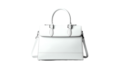 Isolated white leather handbag with top handles and a shoulder strap on black background