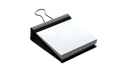 A small stack of white paper held together by a black binder clip on a black background