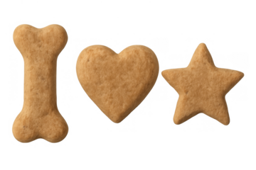 Dog biscuits in bone, heart, and star shapes, offering a variety of treats for pets, isolated on transparent background