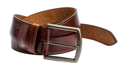 Brown leather belt with a brushed metal buckle, sitting on a transparent background