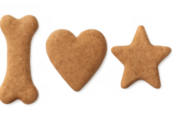 Dog treats in bone, heart, and star shapes offering a rewarding and healthy snack for pets on transparent background