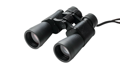 Close-up of black binoculars, angled to the right, isolated on a black background