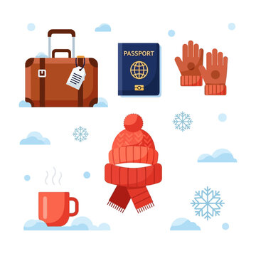 Winter Travel Essentials with luggage passport gloves hat and hot beverage in snowy scene