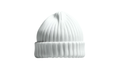 A ribbed, white knitted beanie hat against a black background