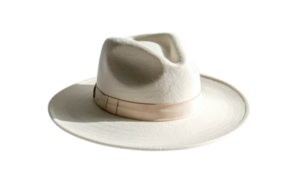 Elegant, cream-colored fedora hat, with a tan band and wide brim, isolated on black
