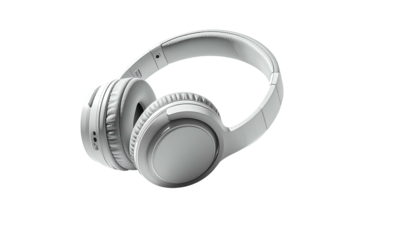 Over-ear, white headphones, angled slightly, with a black background