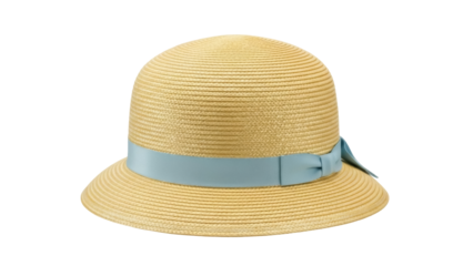 Elegant straw cloche hat with blue ribbon isolated PNG, vintage summer headwear for sun protection and fashion accessory