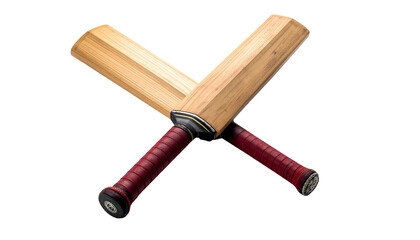 Two crossed wooden bats, reddish grips, isolated against a solid black backdrop