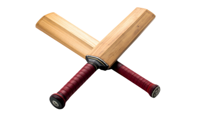 Two crossed wooden bats, reddish grips, isolated against a solid black backdrop