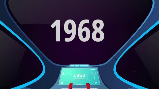 Time travel cockpit with futuristic animation jump to the year 1968. Ideal for content creators, tech presentations, future concepts, and cinematic video projects.
