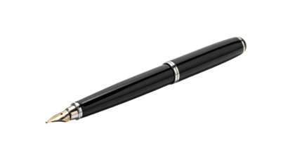 Sleek black fountain pen with gold nib and silver accents, set against a black backdrop