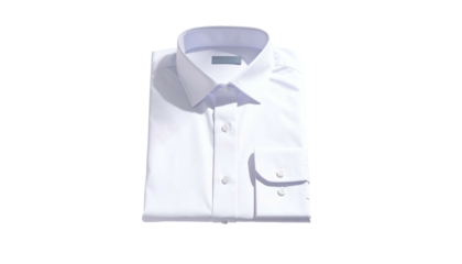 A folded, pristine white dress shirt, professionally styled on a black background