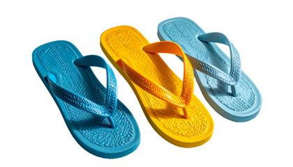 Three colorful flip-flops, blue and yellow, on a black background