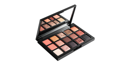 Open black makeup palette with sixteen varied eyeshadow shades and a built-in mirror