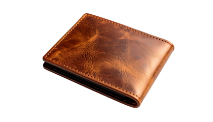 A close-up studio shot of a brown, leather bi-fold wallet on a black background