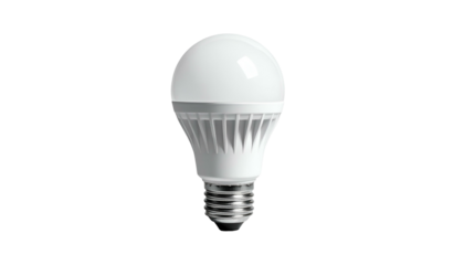 A modern, white bulb with a silver base, isolated against a solid black background