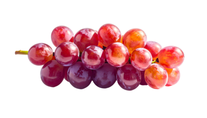 A cluster of fresh, ripe red grapes with stems, isolated on a stark black background