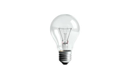 Transparent glass lightbulb with internal filament, base metal, floating over a black background