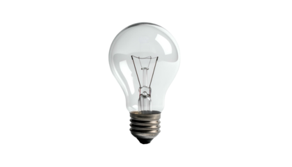 Clear light bulb with filament visible, set against a stark black background