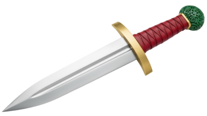Ornate dagger isolated PNG on transparent background, medieval weapon with red handle and green pommel for historical design