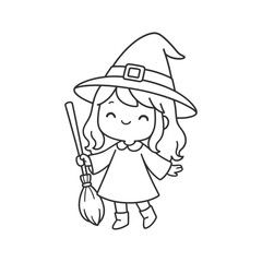 Cute cartoon little girl of witch is holding a broom and smiling happily