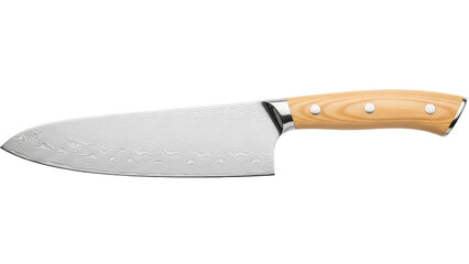 Chef s knife with wooden handle isolated PNG, Damascus steel kitchen utensil for cooking and food preparation on transparent background