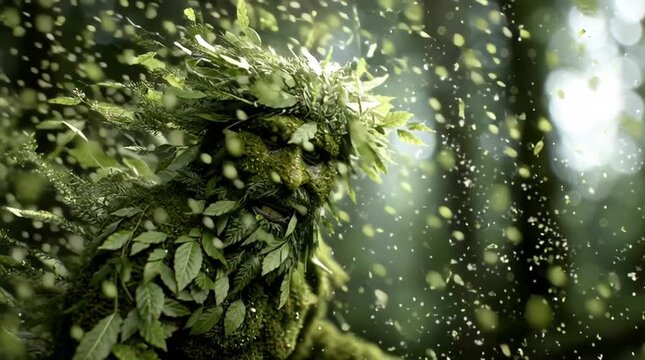 Cinematic forest spirit commanding wind and swirling leaves, with moss and particles flying mid-air, capturing raw nature magic, motion energy and mythic power in a dynamic fantasy scene.
