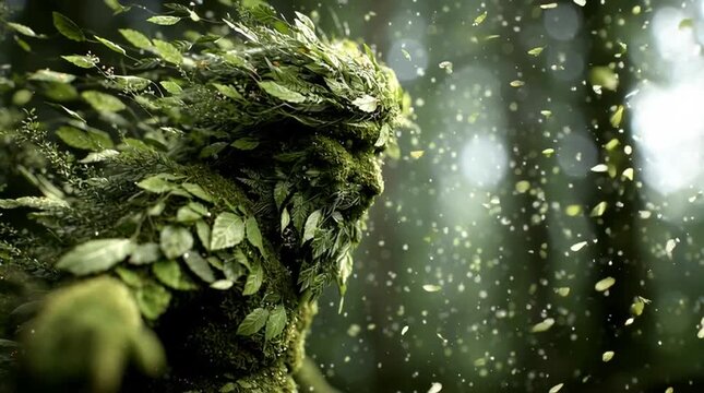 Cinematic forest spirit commanding wind and swirling leaves, with moss and particles flying mid-air, capturing raw nature magic, motion energy and mythic power in a dynamic fantasy scene.
