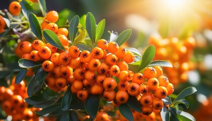 cluster of bright orange berries with green leaves on a pyracantha bush in sunlight