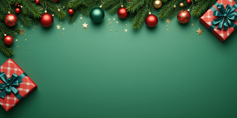 Christmas festive holiday gifts and ornaments on green background pine branches stars sparkle