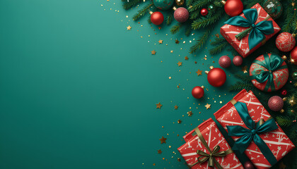 Christmas green background holiday decorations with festive gifts ornaments pine branches stars sparkle