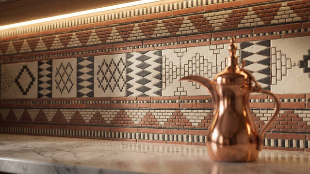 Traditional Saudi coffee pot Dallah on marble counter with Sadu tile backsplash