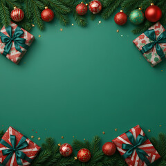 Christmas holiday green background with festive gifts decorations ornaments pine branches stars sparkle