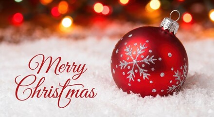 Red Christmas Ornament in Snowy Scene with Holiday Lights