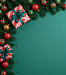 Christmas green background holiday scene with festive gifts ornaments pine branches stars sparkle