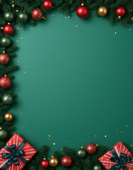 Christmas festive decorations and gifts on green background holiday ornaments pine branches stars sparkle