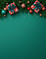 Christmas holiday green background with festive decorations gifts ornaments pine branches stars sparkle