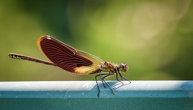delicate dragonfly libellula depressa perched on the edge of a steel sign with a green background