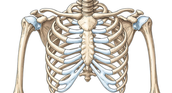 Human ribcage and upper limb bones isolated on white background