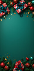 Christmas presents and ornaments on festive green background holiday decorations pine branches stars sparkle