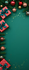 Christmas green background with festive gifts ornaments holiday decorations pine branches stars sparkle